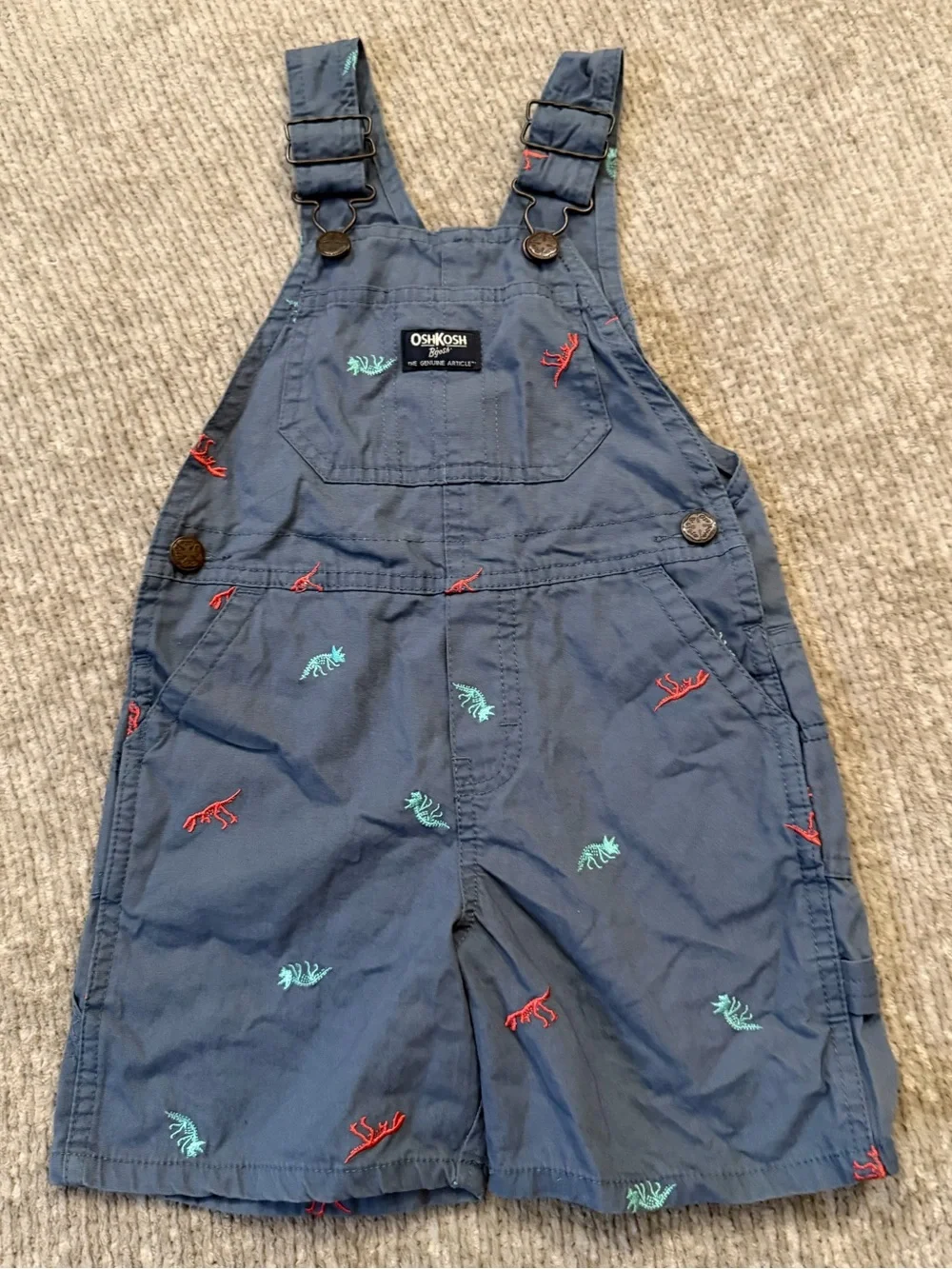 OshKosh B’gosh 3T Dinosaur Embroidered Shortalls Blue Cotton Overalls